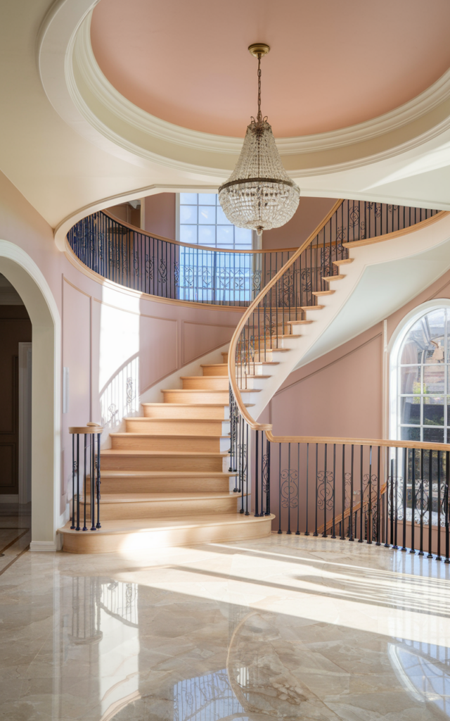 An elegant and natural-looking realistic photograph of a curved staircase foyer with the ceiling painted in a soft blush statement color that frames the staircase and complements a hanging chandelier decorated in refined transitional style with natural lighting