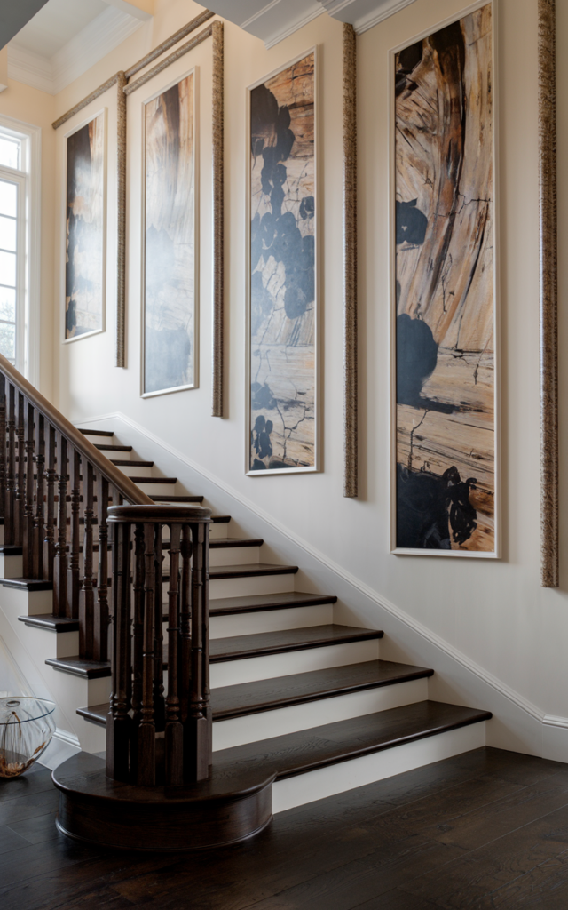 An elegant and natural-looking realistic photograph of a grand entry staircase wall with tall floor-to-ceiling molding panels framing large artwork beside a sweeping staircase with dark wood railing decorated in classic luxury home decor style with natural lighting