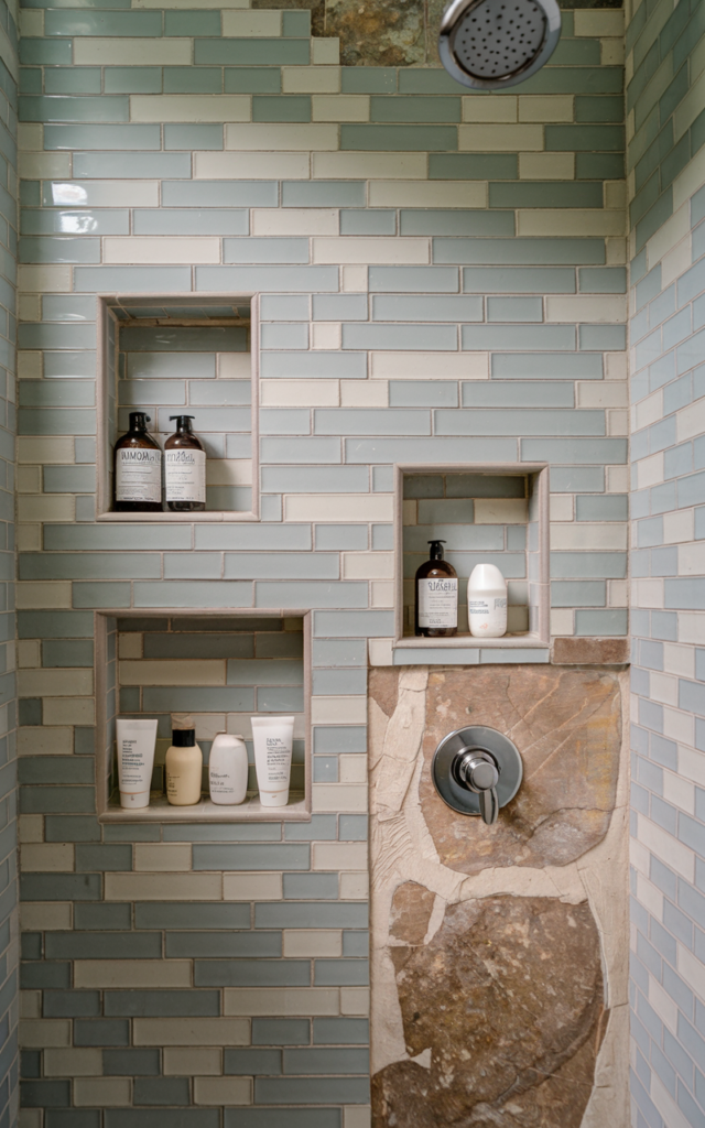 An elegant and natural-looking realistic photograph of a bathroom shower wall with recessed niches lined with contrasting tiles and neatly arranged toiletries decorated in mid-century modern style with natural lighting