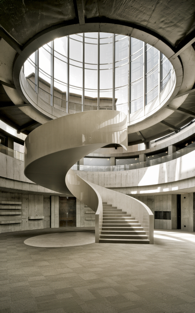 An elegant and natural-looking realistic photograph of a circular staircase rising beneath a dramatic round ceiling opening connecting two floors and allowing light to flow between levels decorated in modern architectural interior style with natural lighting