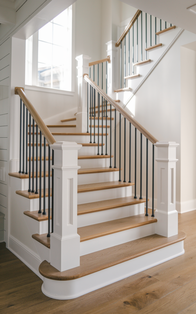 An elegant and natural-looking photograph of a staircase with white risers and natural oak treads paired with slim black metal balusters and a stained wood handrail decorated in modern farmhouse style with natural lighting