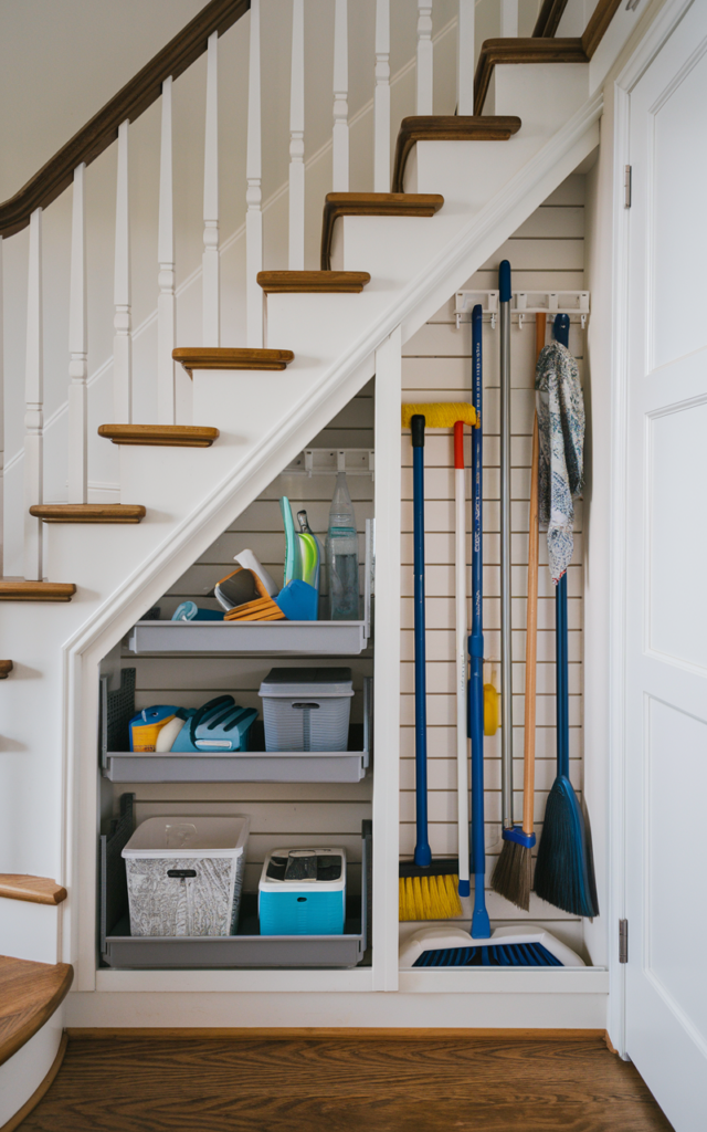 An elegant and natural-looking realistic photograph of a narrow vertical pull-out storage rack under the staircase holding mops, brooms, and cleaning tools in an organized sliding compartment concealed within the stair wall decorated in practical modern utility storage decor style with natural lighting
