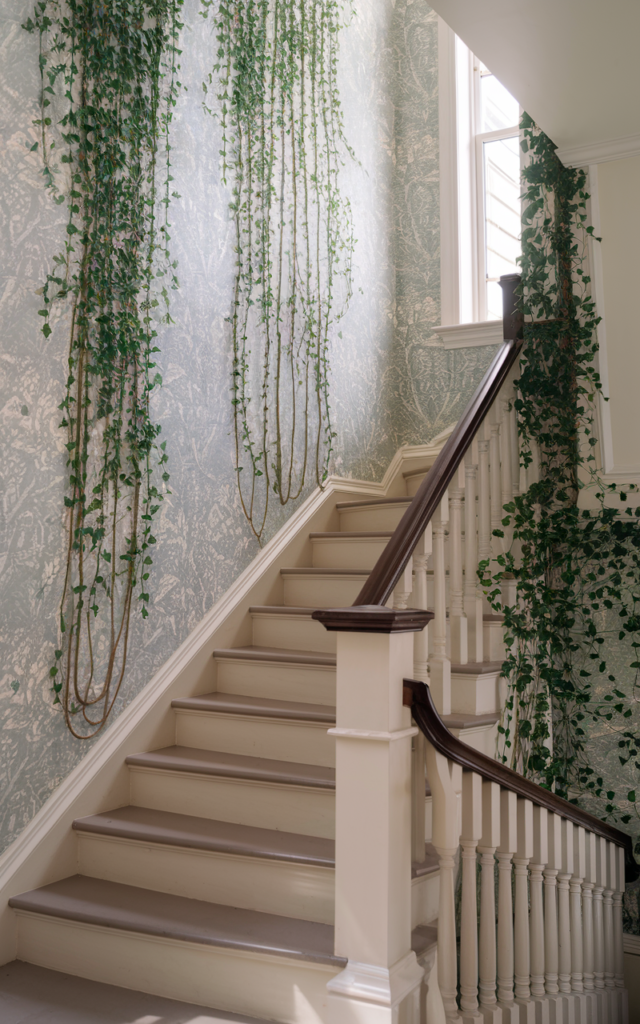 An elegant and natural-looking realistic photograph of a staircase wall covered in soft botanical patterned wallpaper paired with simple wood handrail and neutral steps decorated in romantic contemporary style with natural lighting