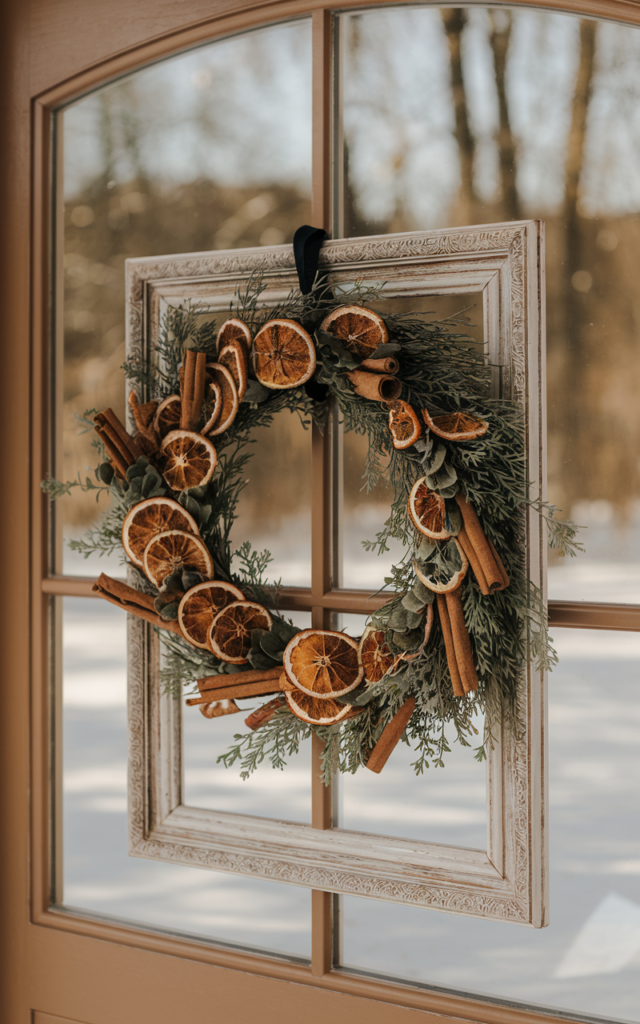 An elegant and natural-looking realistic photograph of a winter front door styled with a wreath featuring dried orange slices cinnamon sticks and greenery creating a warm seasonal touch decorated in rustic festive style with natural lighting
