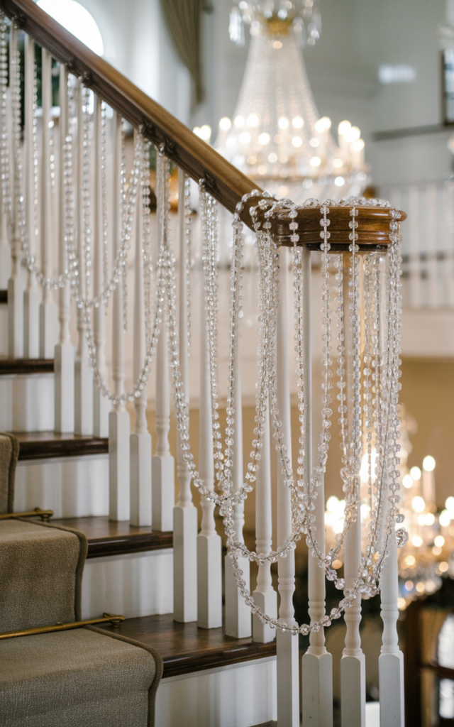 An elegant and natural-looking realistic photograph of a staircase banister draped with sparkling crystal bead garlands cascading between railing posts catching light beautifully decorated in glamorous ballroom wedding style with natural lighting