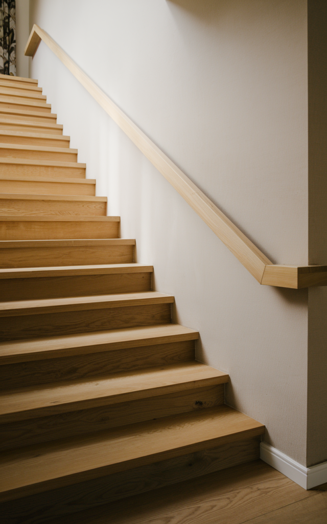 An elegant and natural-looking realistic photograph of a staircase with a wide flat wooden handrail acting as a small ledge mounted along a smooth wall beside minimalist wood steps decorated in contemporary home decor style with natural lighting