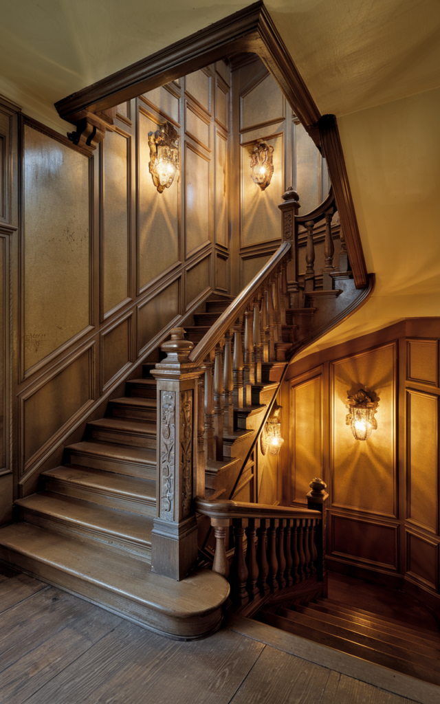 An elegant and natural-looking realistic photograph of a staircase illuminated by vintage wall sconces highlighting paneled walls and carved wood railing with warm ambient glow decorated in period Victorian style with natural lighting