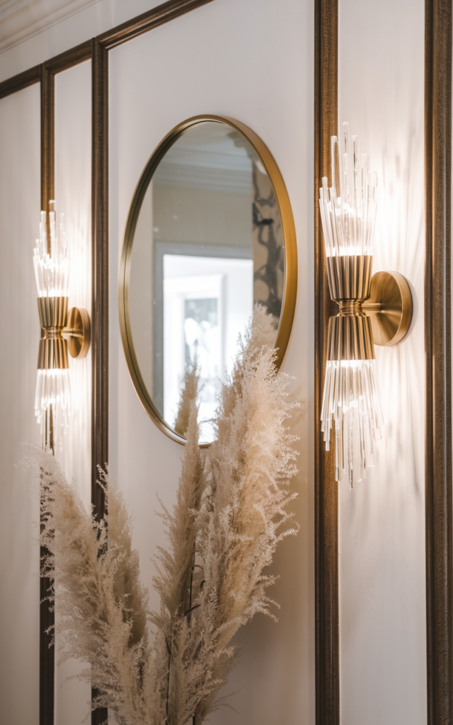 An elegant and natural-looking realistic photograph of an entrance wall illuminated with stylish wall sconces on either side of a mirror creating layered lighting decorated in classic contemporary style with natural lighting