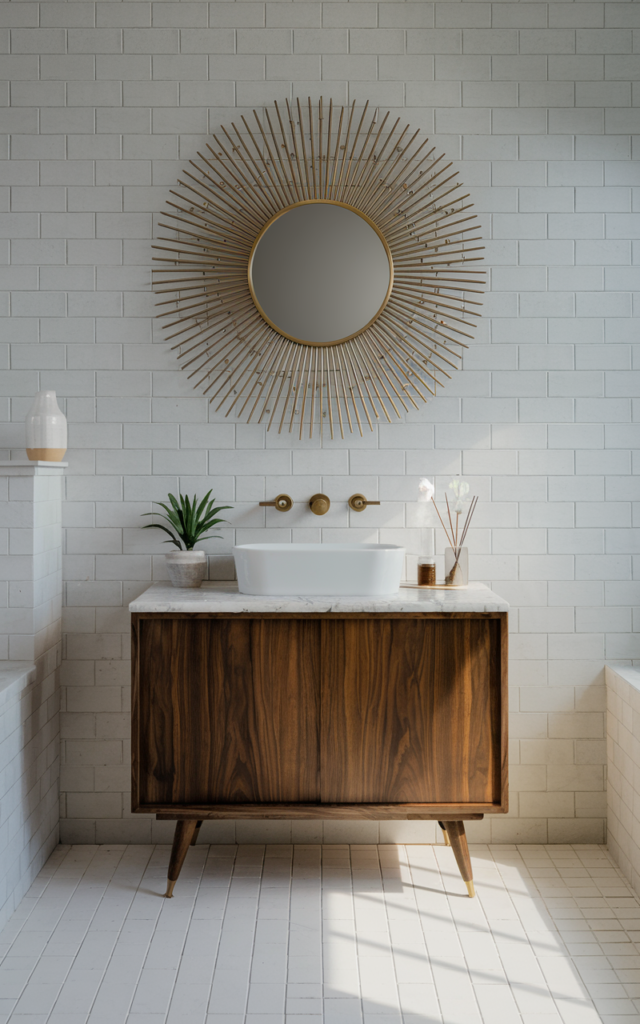 An elegant and natural-looking realistic photograph of a bathroom featuring a sunburst mirror as a statement piece above a simple vanity decorated in mid century modern style with natural lighting