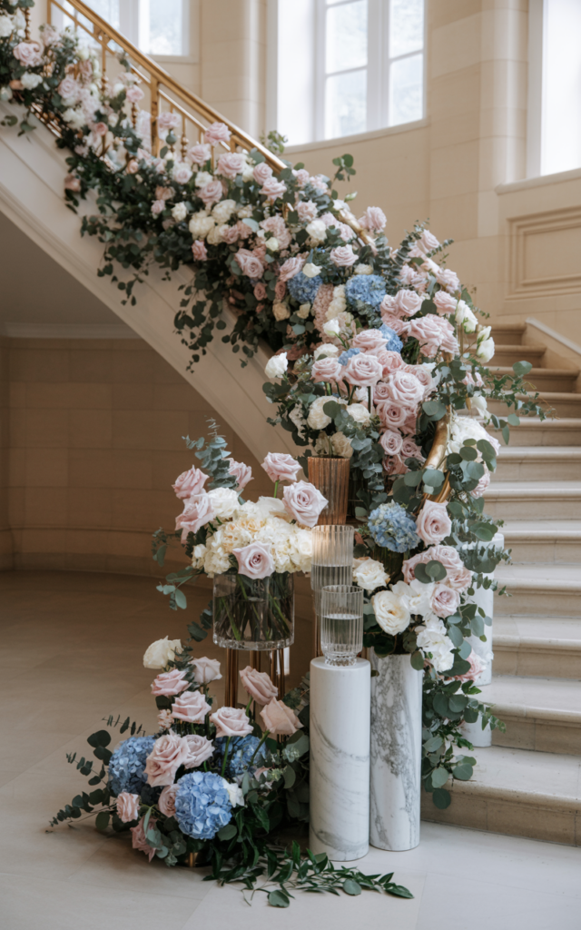 An elegant and natural-looking realistic photograph of a staircase landing decorated with oversized floral arrangements of roses, hydrangeas, and greenery in tall elegant vases creating a dramatic focal point decorated in luxury wedding style with natural lighting
