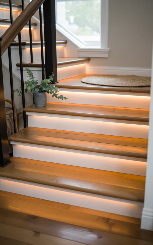 An elegant and natural-looking photograph of a staircase with hidden warm LED strip lighting installed under each tread, creating a soft glow against white risers and natural wood steps decorated in modern farmhouse style with natural lighting