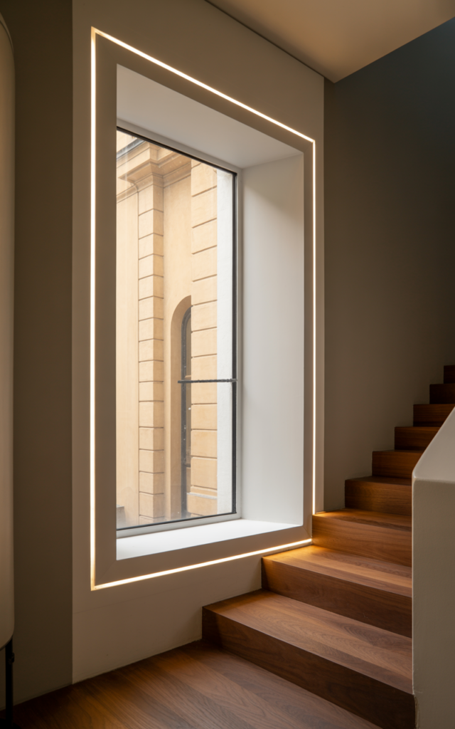 An elegant and natural-looking realistic photograph of a staircase window highlighted with integrated concealed LED strips around the frame, softly glowing against neutral walls and wooden steps decorated in contemporary luxury style with natural lighting