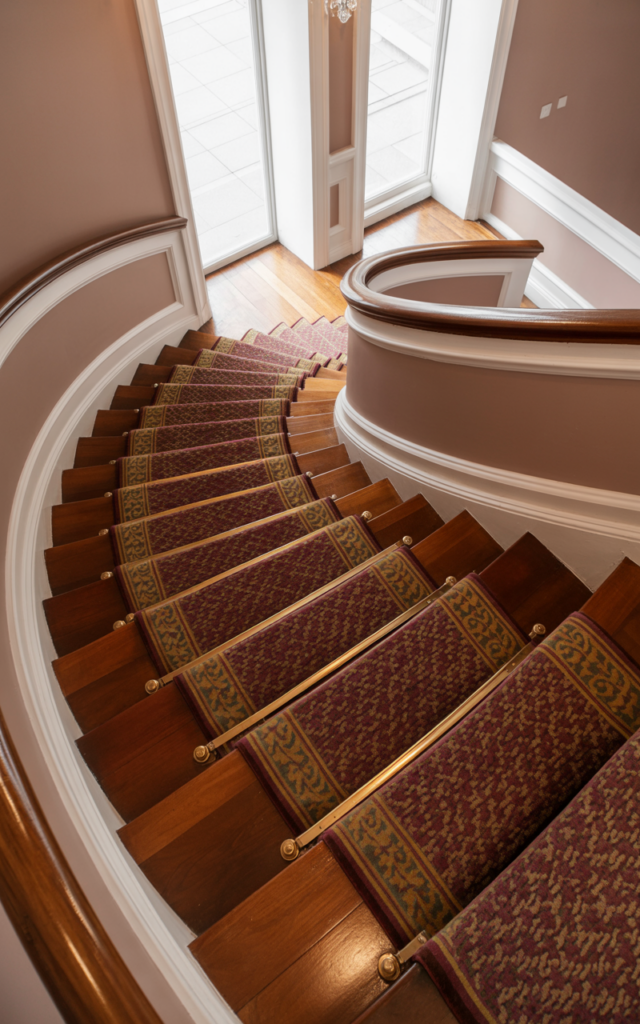 An elegant and natural-looking realistic photograph of a circular staircase with a patterned carpet runner following the spiral path secured with brass stair rods and warm wooden steps decorated in classic transitional home interior style with natural lighting
