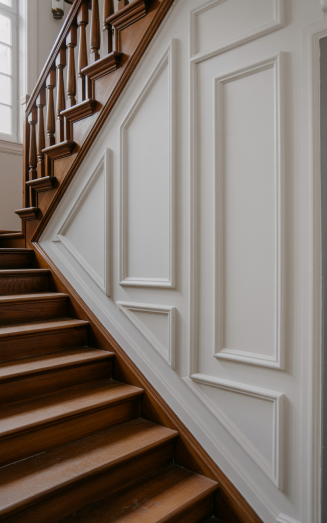 An elegant and natural-looking realistic photograph of a staircase wall featuring molding panels precisely aligned with each stair tread forming a rhythmic pattern along the wall beside a wooden staircase decorated in transitional home decor style with natural lighting