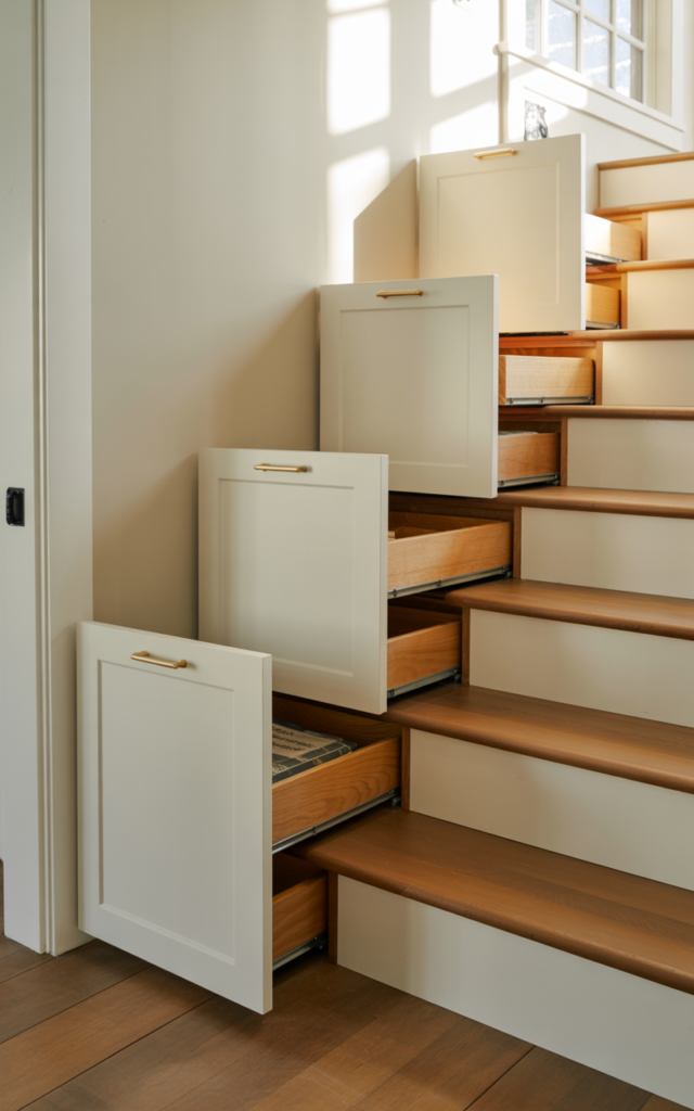 An elegant and natural-looking realistic photograph of a staircase with custom pull-out storage drawers built seamlessly beneath the steps, white cabinetry fronts and warm wood treads decorated in smart modern farmhouse style with natural lighting