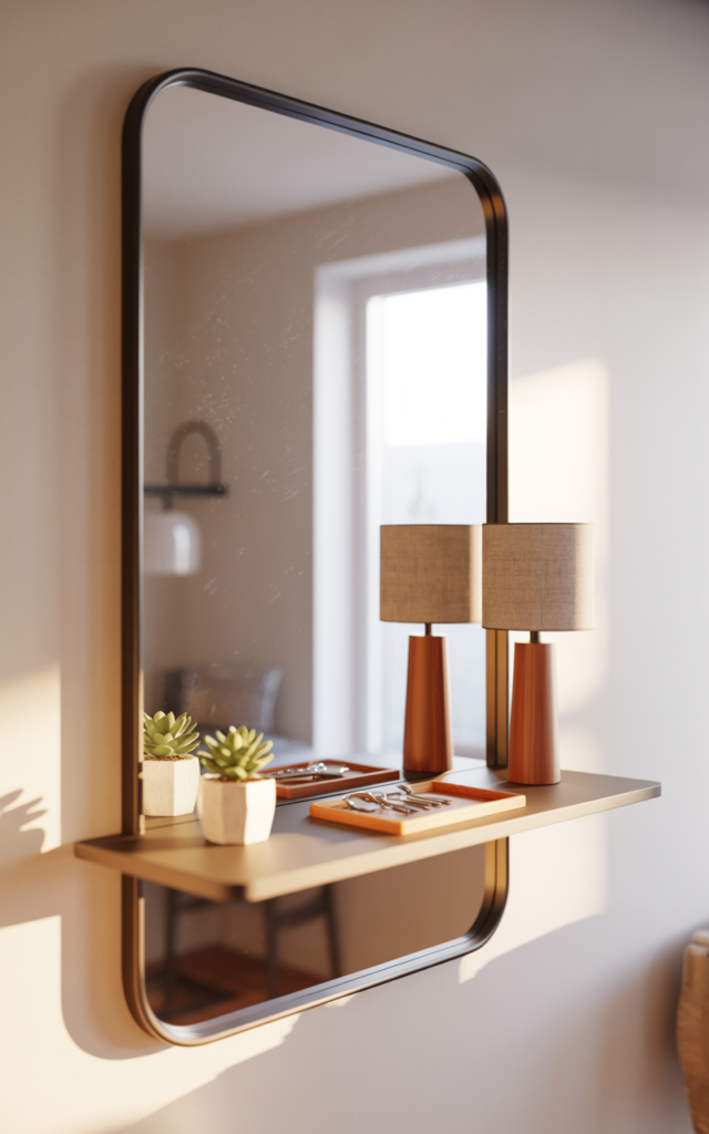 An elegant and natural-looking realistic photograph of a compact entryway with a wall-mounted mirror and shelf combo holding small decor and essentials decorated in space-saving modern style with natural lighting