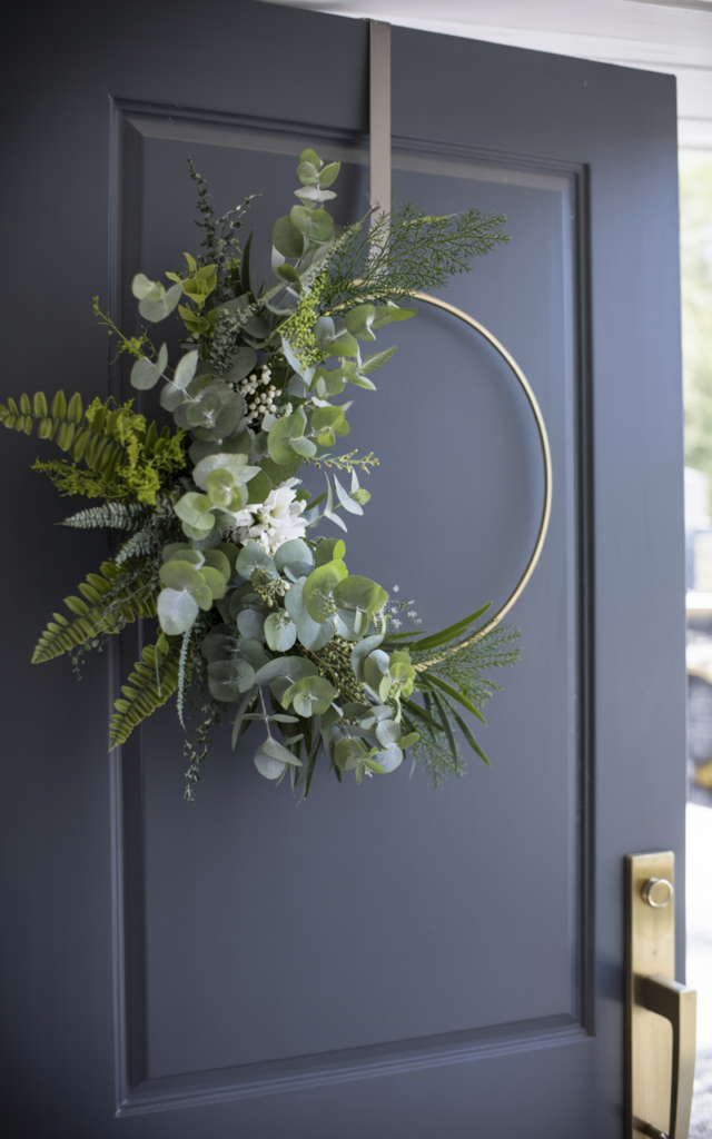 An elegant and natural-looking realistic photograph of a contemporary front door displaying an asymmetrical half wreath with greenery concentrated on one side and open space on the other decorated in modern minimalist style with natural lighting