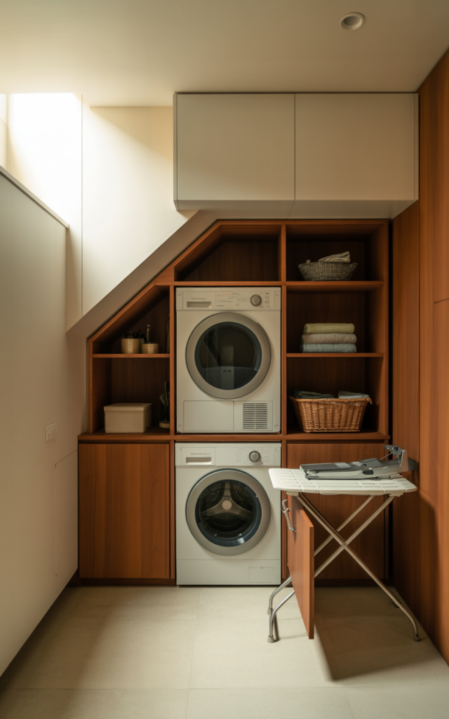 An elegant and natural-looking realistic photograph of an under-stair compact laundry nook with stacked washer and dryer, overhead cabinets and a fold-out ironing board, decorated in practical modern style with natural lighting