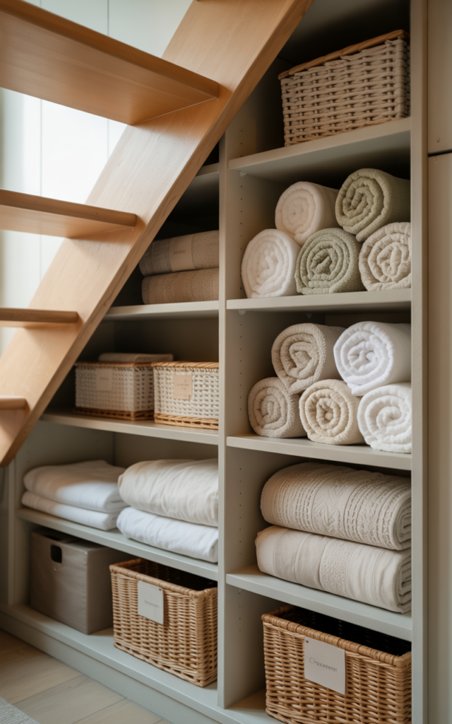 An elegant and natural-looking realistic photograph of a compact under-stair linen closet with open shelves neatly stacked with rolled towels, folded bedsheets, and labeled storage baskets integrated into the staircase cavity decorated in calm Scandinavian home organization decor style with natural lighting