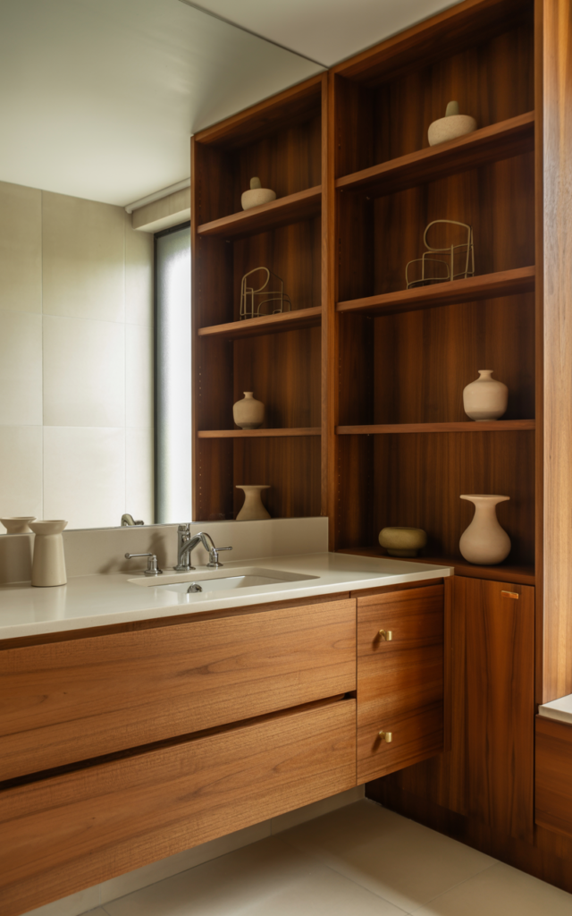 An elegant and natural-looking realistic photograph of a bathroom showcasing a mix of warm wood tones including walnut, oak, and teak across vanity and shelving decorated in mid century modern style with natural lighting
