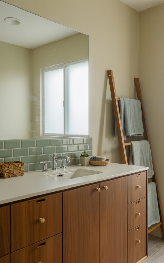 An elegant and natural-looking realistic photograph of a bathroom with a muted color palette featuring sage green or dusty blue accents on vanity or tiles paired with warm wood elements decorated in mid-century modern style with natural lighting
