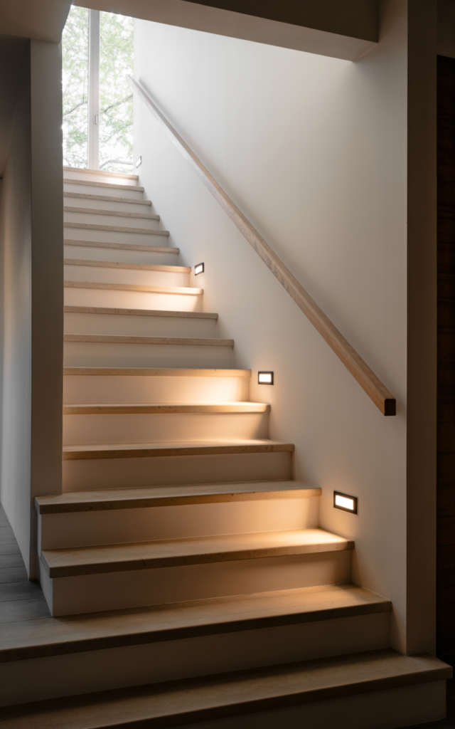 An elegant and natural-looking realistic photograph of a staircase with subtle motion-sensor step lights installed along the side wall that illuminate the steps automatically as someone approaches, creating a safe softly lit pathway, decorated in modern functional home decor style with natural lighting