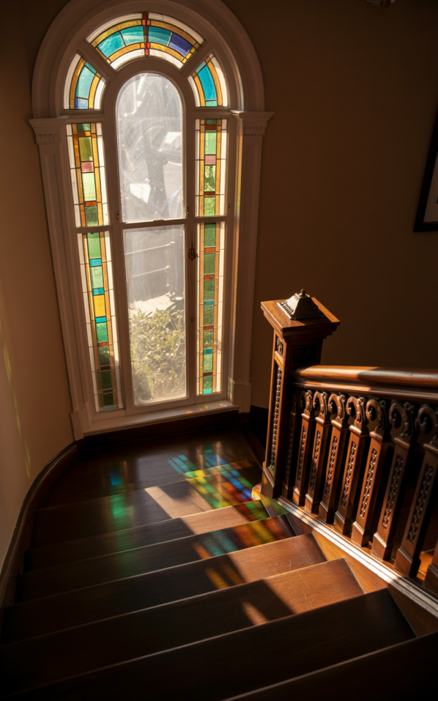 An elegant and natural-looking realistic photograph of a staircase landing window fitted with colorful stained glass panels casting soft hues onto wooden steps and ornate banister decorated in classic Victorian style with natural lighting