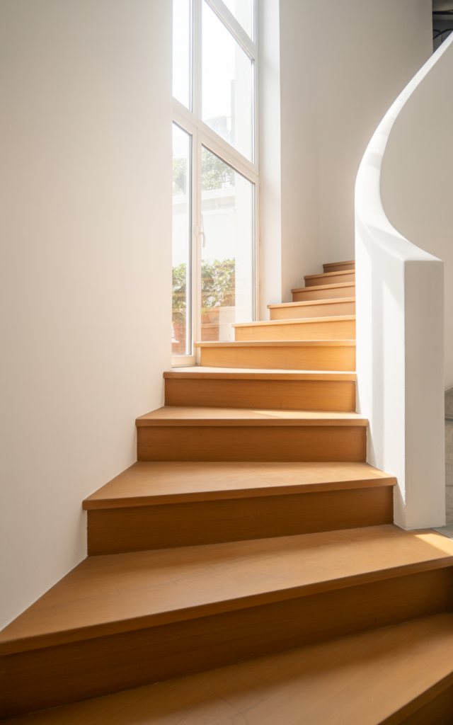 An elegant and natural-looking realistic photograph of a staircase framed by a tall floor-to-ceiling window allowing abundant daylight to stream across simple wood steps decorated in modern open-concept style with natural lighting