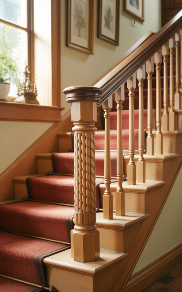 An elegant and natural-looking realistic photograph of a staircase with a carved wooden handrail featuring subtle rope-style detailing mounted along a traditional staircase wall beside classic wood balusters decorated in traditional home decor style with natural lighting