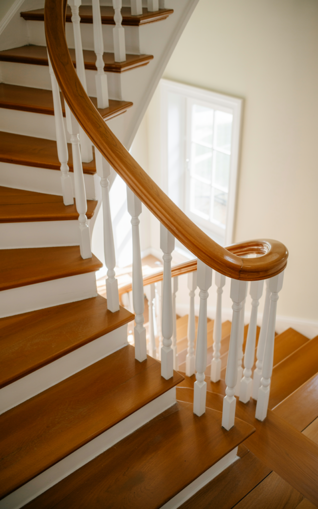 An elegant and natural-looking realistic photograph of an oak staircase with crisp white painted balusters contrasting against warm natural wood treads and handrail decorated in timeless classic style with natural lighting