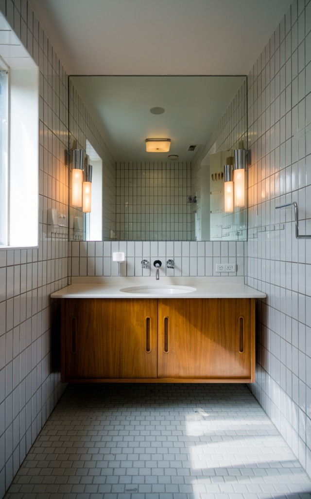 An elegant and natural-looking realistic photograph of a bathroom with vertically laid tiles on walls elongating the space, paired with a simple vanity and clean finishes decorated in mid-century modern style with natural lighting