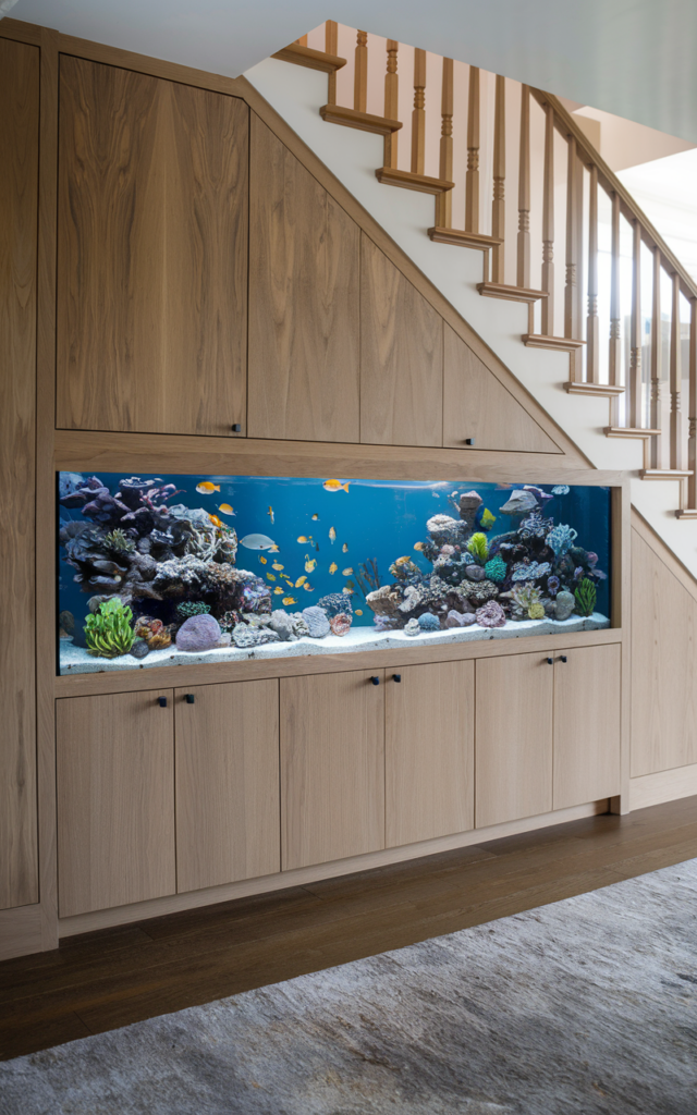 An elegant and natural-looking realistic photograph of an under-stair built-in aquarium feature with a custom glass tank, integrated lighting and clean cabinetry surround, decorated in contemporary luxury style with natural lighting