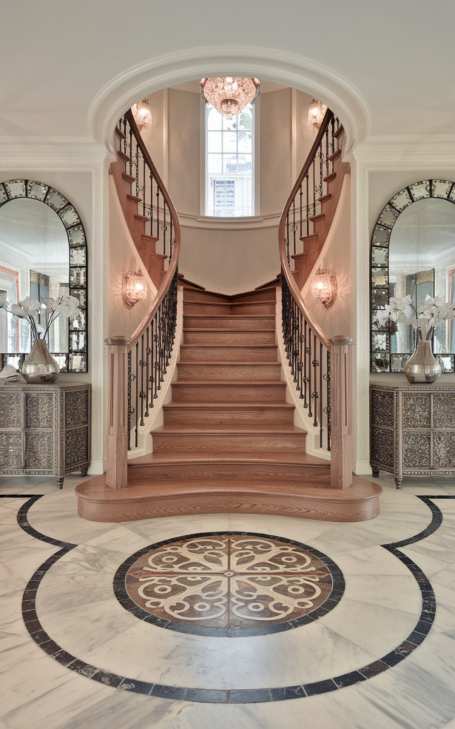 An elegant and natural-looking realistic photograph of a curved staircase foyer with a marble medallion and patterned tile inlay at the base anchoring the staircase visually decorated in European-inspired luxury style with natural lighting