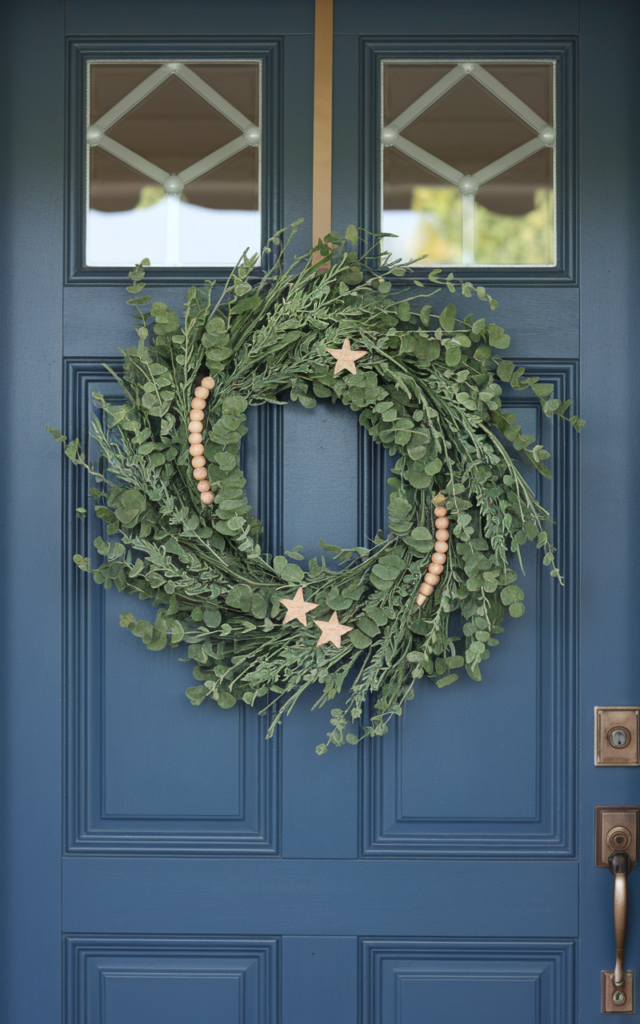 An elegant and natural-looking realistic photograph of a farmhouse front door featuring a wreath accented with small wooden stars and beads paired with greenery decorated in modern farmhouse style with natural lighting