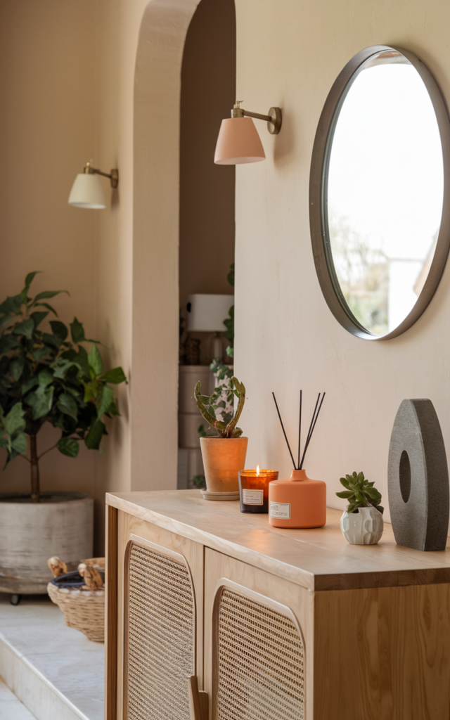 An elegant and natural-looking realistic photograph of a home entrance with a scented candle and diffuser placed on a console creating a warm and inviting atmosphere decorated in cozy modern style with natural lighting