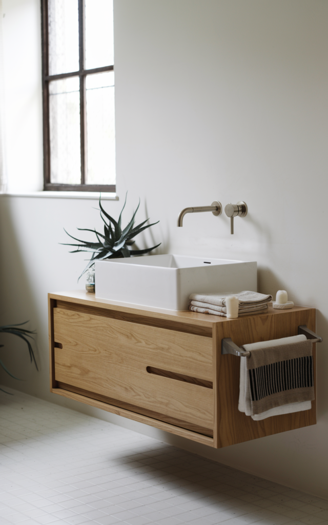 An elegant and natural-looking realistic photograph of a bathroom with a sleek wall-mounted faucet above a minimalist sink and floating vanity decorated in mid century modern style with natural lighting
