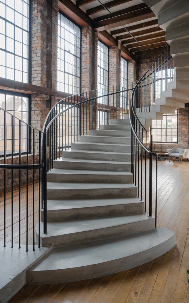 An elegant and natural-looking realistic photograph of a modern circular staircase featuring thick curved concrete treads paired with thin black steel railings inside a spacious loft decorated in contemporary industrial interior style with natural lighting