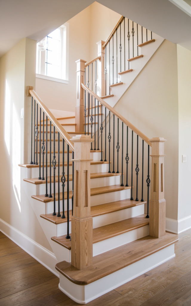 An elegant and natural-looking photograph of a staircase combining wooden treads with simple wrought iron balusters and black hardware accents against soft white walls decorated in modern farmhouse style with natural lighting