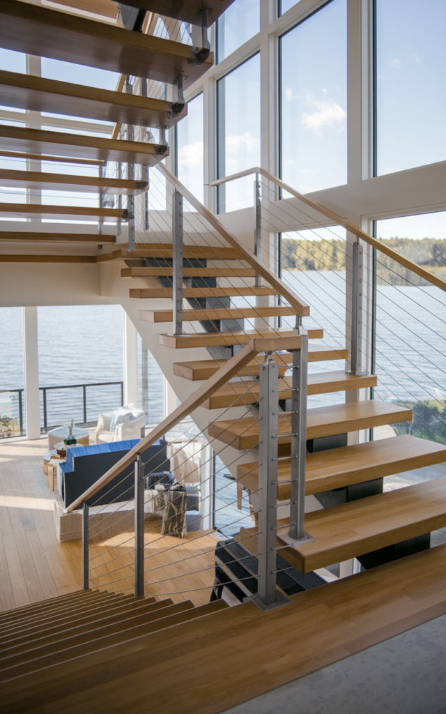 An elegant and natural-looking realistic photograph of a staircase with horizontal stainless steel cable railings and a slim wooden top handrail overlooking an open interior with large windows decorated in modern lake house home decor style with natural lighting