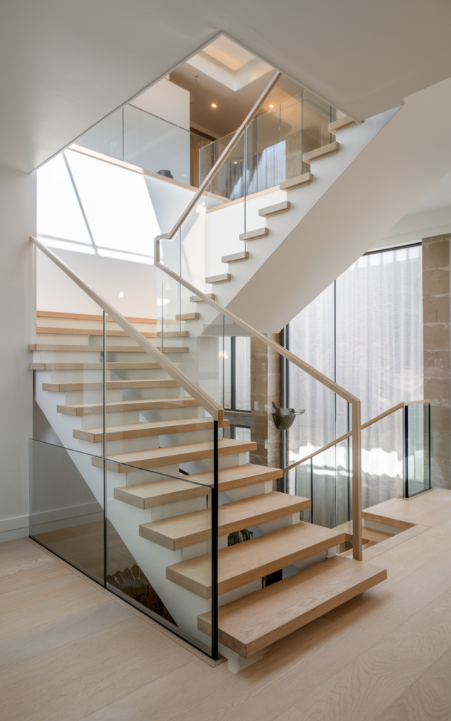 An elegant and natural-looking realistic photograph of a modern staircase with frameless clear glass railing panels and light oak treads allowing open sightlines through the space decorated in sleek contemporary style with natural lighting