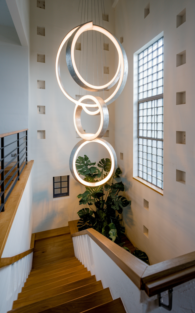 An elegant and natural-looking realistic photograph of a staircase highlighted by an oversized sculptural pendant light cascading down a double-height stairwell decorated in modern statement style with natural lighting