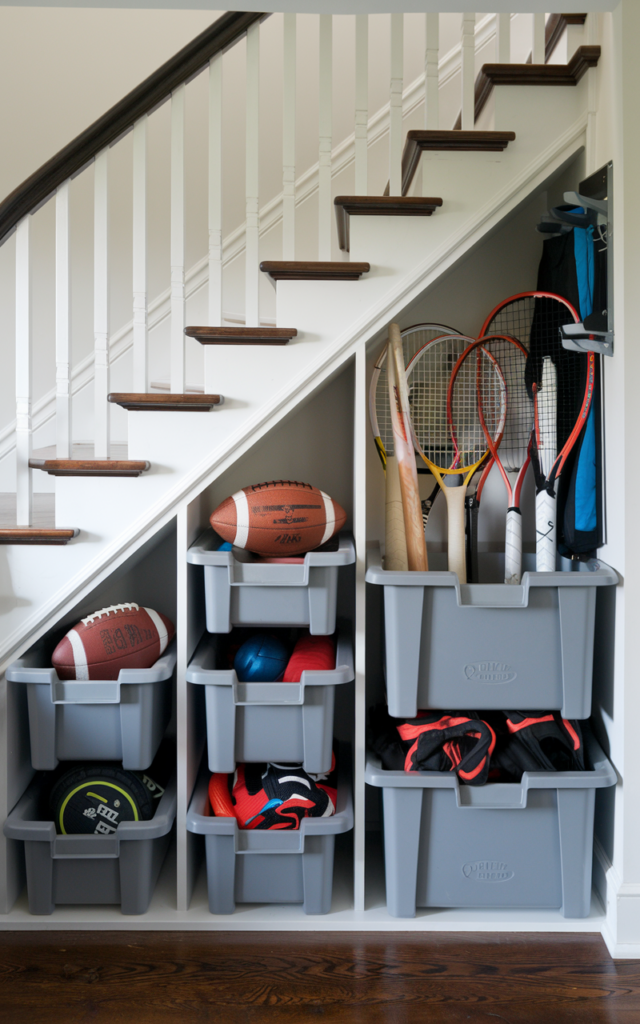 An elegant and natural-looking realistic photograph of wide under-stair compartments with rolling storage bins holding sports equipment such as footballs, cricket bats, rackets, and gym gear organized beneath a staircase decorated in practical contemporary family home decor style with natural lighting