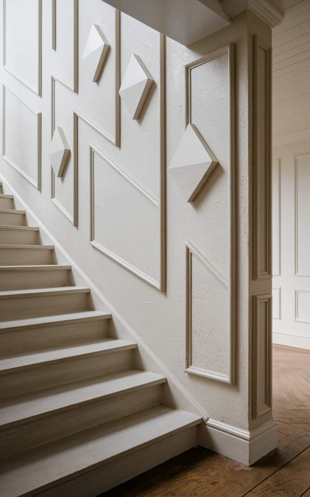 An elegant and natural-looking realistic photograph of a staircase wall with bold geometric molding shapes including diamonds and angled rectangles climbing upward beside a sleek staircase decorated in modern artistic home decor style with natural lighting