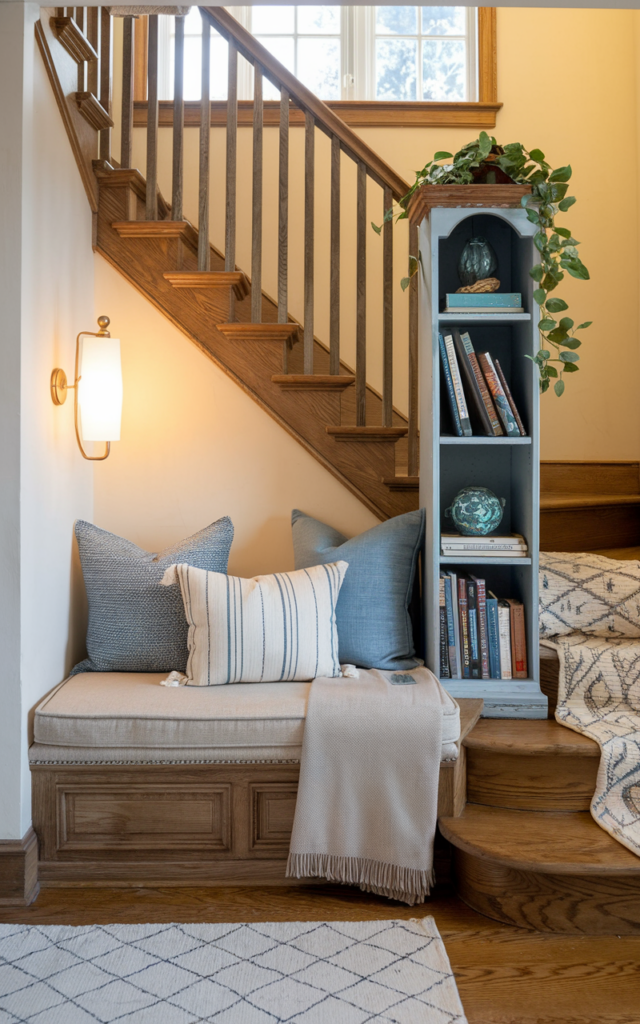 An elegant and natural-looking realistic photograph of an oak staircase landing transformed into a cozy reading nook with a small upholstered bench, layered cushions, throw blanket, and slim bookshelf decorated in cottage style with natural lighting