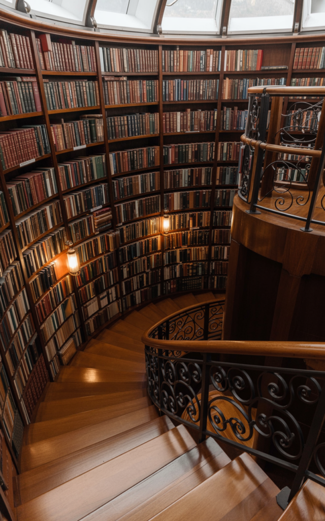 An elegant and natural-looking realistic photograph of a circular staircase surrounded by curved wall-to-ceiling bookshelves forming a vertical home library with warm reading lights and cozy ambiance decorated in classic library interior style with natural lighting