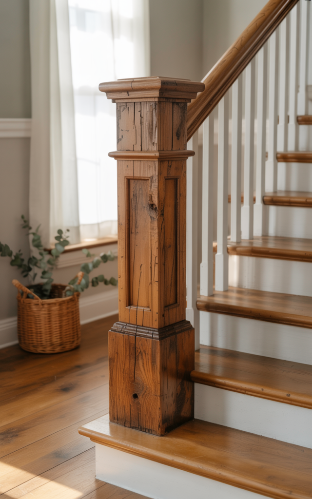 An elegant and natural-looking photograph of a staircase featuring a chunky statement newel post in reclaimed wood at the base, complemented by white balusters and warm oak steps decorated in modern farmhouse style with natural lighting