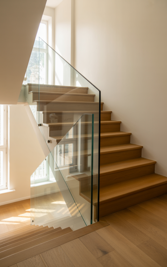 An elegant and natural-looking realistic photograph of an oak staircase fitted with clear glass panel railings instead of wooden spindles allowing light to flow freely through the space decorated in modern minimalist style with natural lighting