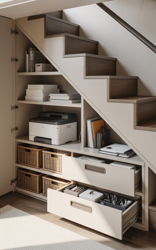 An elegant and natural-looking realistic photograph of a hidden under-stair office supply cabinet with shelves storing printers, paper stacks, office organizers, and drawers for stationery tucked beneath a staircase wall decorated in clean modern home office storage decor style with natural lighting
