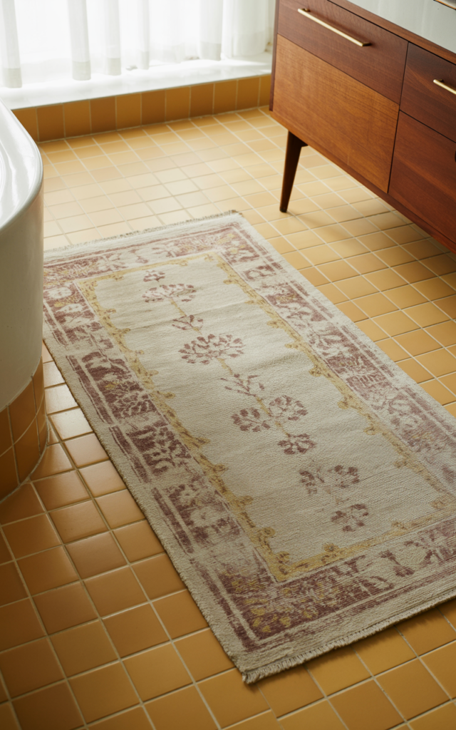 An elegant and natural-looking realistic photograph of a bathroom floor styled with a vintage-inspired faded patterned rug adding warmth over neutral tiles decorated in mid century modern style with natural lighting