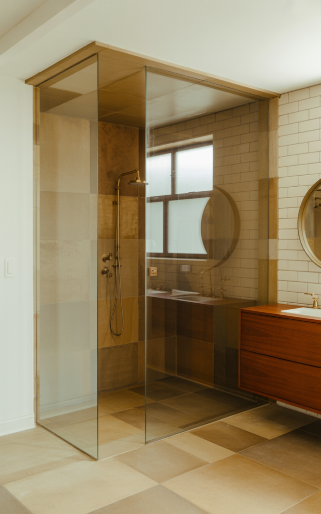 An elegant and natural-looking realistic photograph of a bathroom with a walk-in shower enclosed by clear glass panels, seamless flooring, and minimal fixtures creating an open feel decorated in mid-century modern style with natural lighting